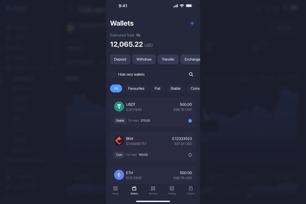 updated Wallets screen in B2CORE iOS