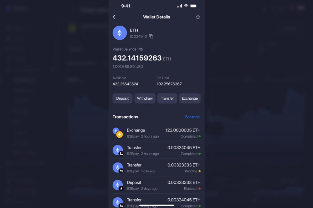 wallet details in B2CORE iOS