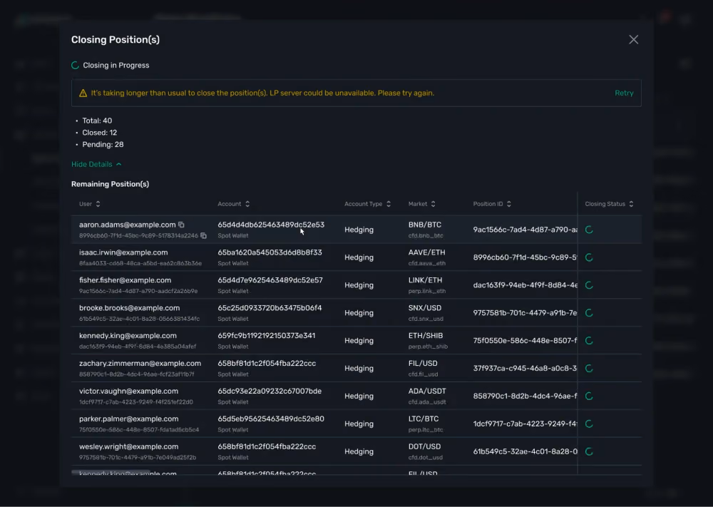 closing positions from the backend