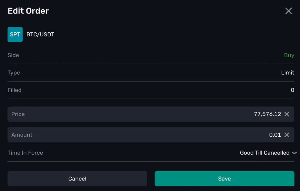 Janela de edição de uma ordem limite BTC/USDT na B2TRADER