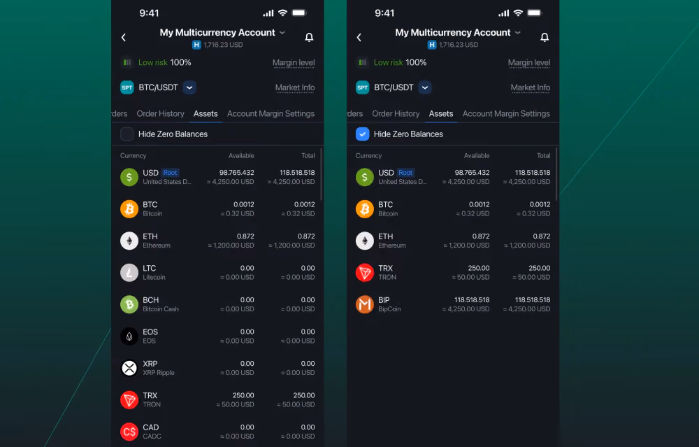 Hide Zero Balances toggle