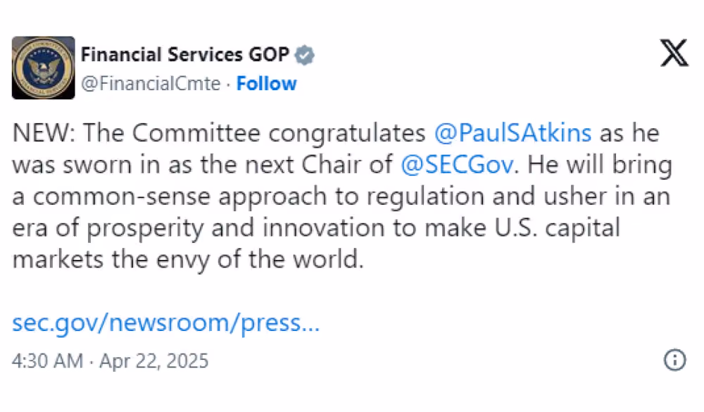  U.S. House Committee on Financial Services congratulates Paul Atkins