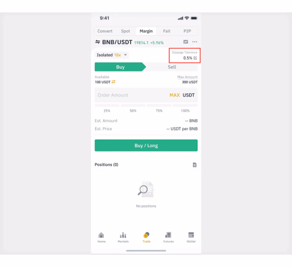 slippage tolerance indicator in Binance trading exchange interface