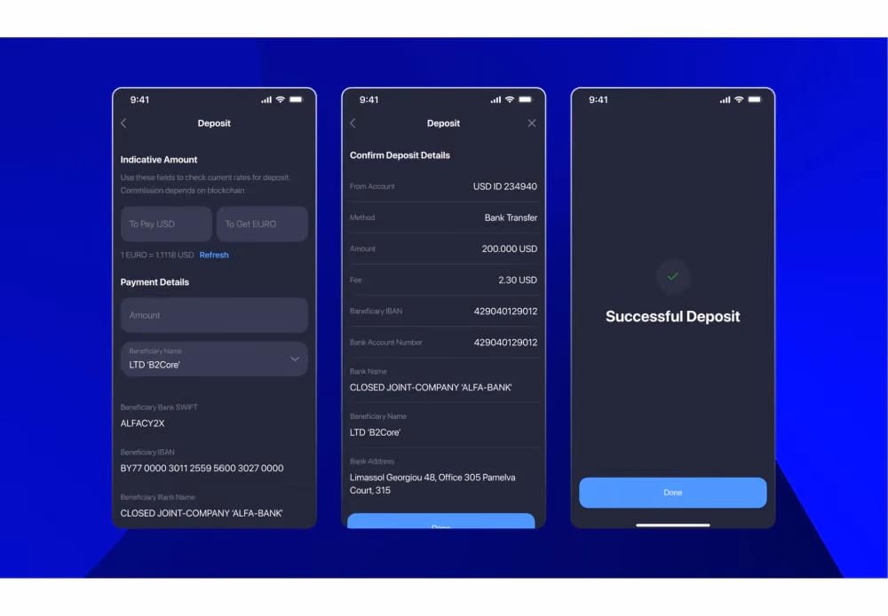 deposit on B2CORE app