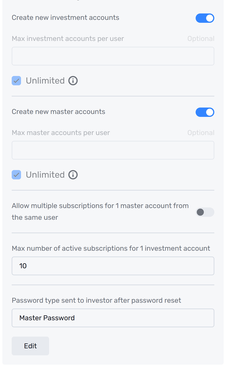 Copy Trading Account Settings with account creation, account limits, subscription limits, and password type controls