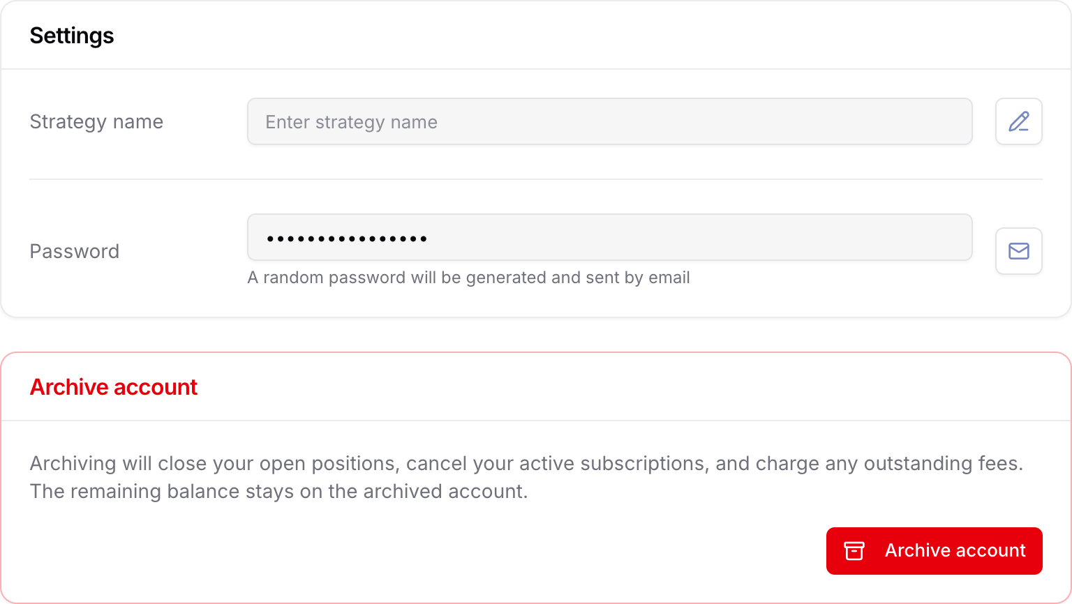 चेतावनी के साथ Account Settings में Archive account अनुभाग