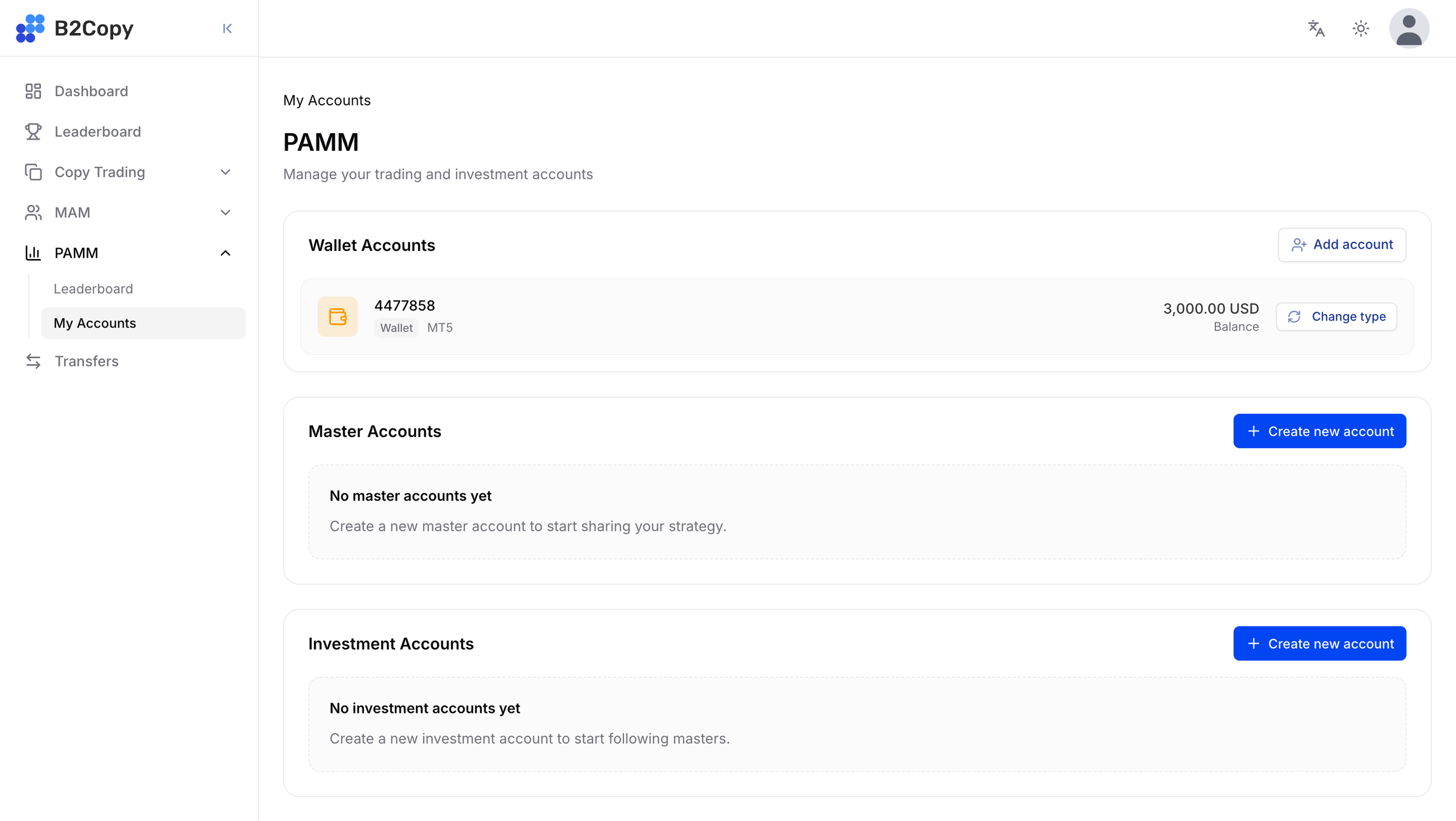 PAMM My Accounts पेज जिसमें मास्टर खाता बनाने के विकल्प हैं