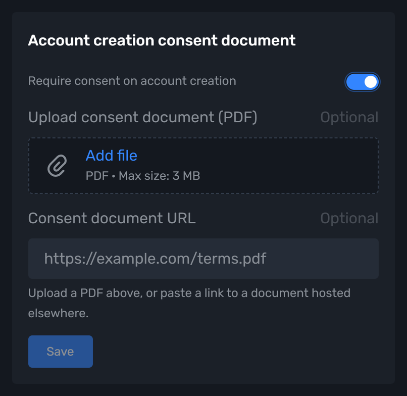 Account creation consent document card with the requirement enabled, a PDF upload, and a document URL