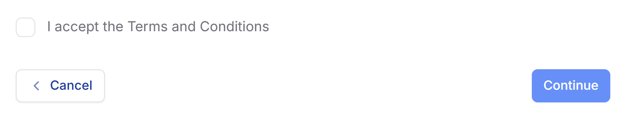 Unchecked consent checkbox reading I accept the Terms and Conditions, with Cancel and Continue