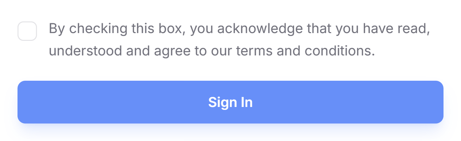 Sign In agreement checkbox, unchecked, above the Sign In button