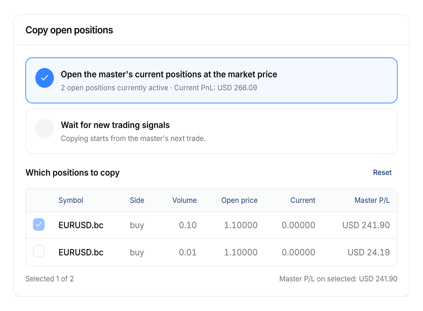 Copy open positions card with one of two open positions selected and the other position cleared