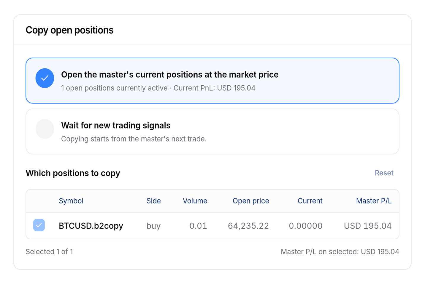 Copy open positions card with one open position selected in the position-by-position table