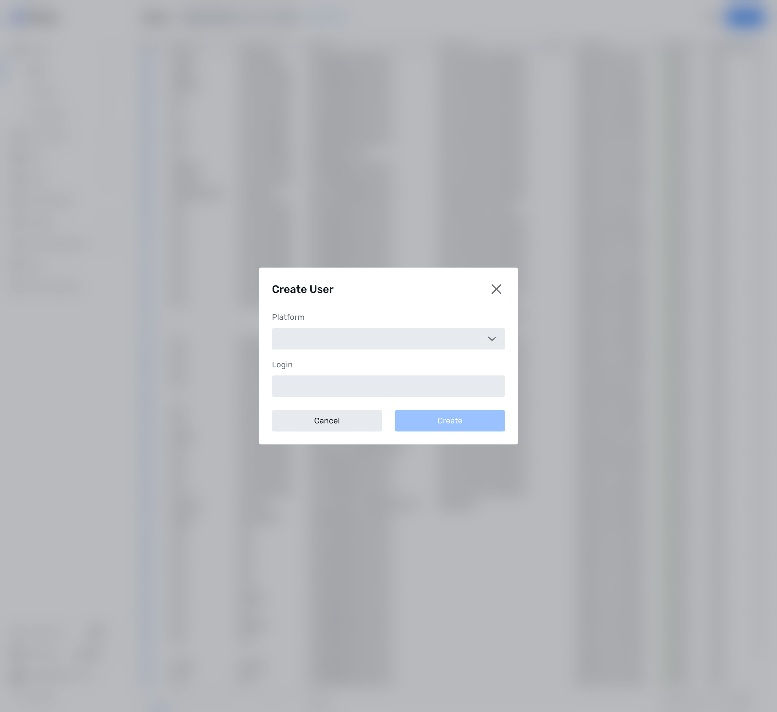 Platform और Login फ़ील्ड के साथ Create User मोडल