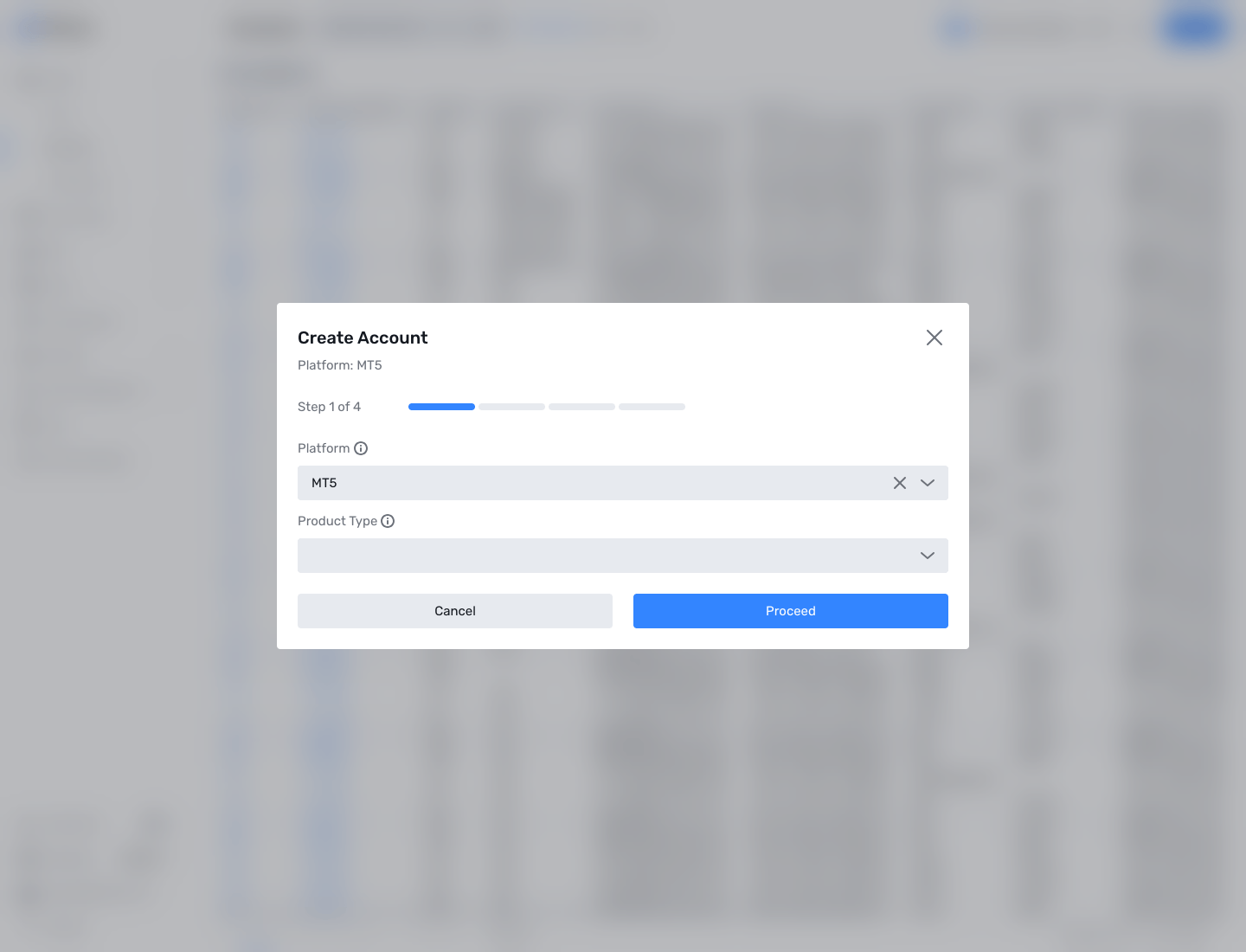 Platform और Product Type के साथ Create Account विज़ार्ड चरण 1