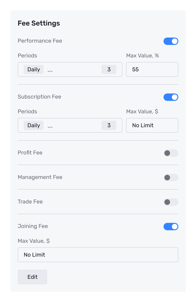 Copy Trading Fee Settings with Performance Fee enabled and a maximum of 55%.