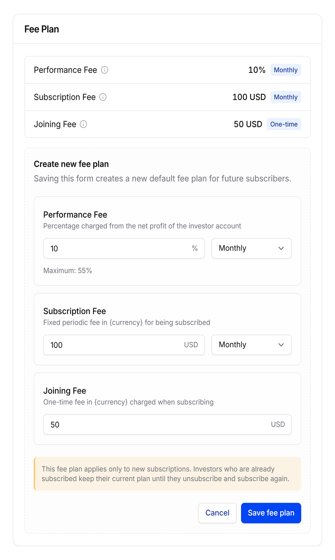 Master fee-plan editor showing only Performance, Subscription, and Joining fees, with Maximum: 55% for Performance Fee.