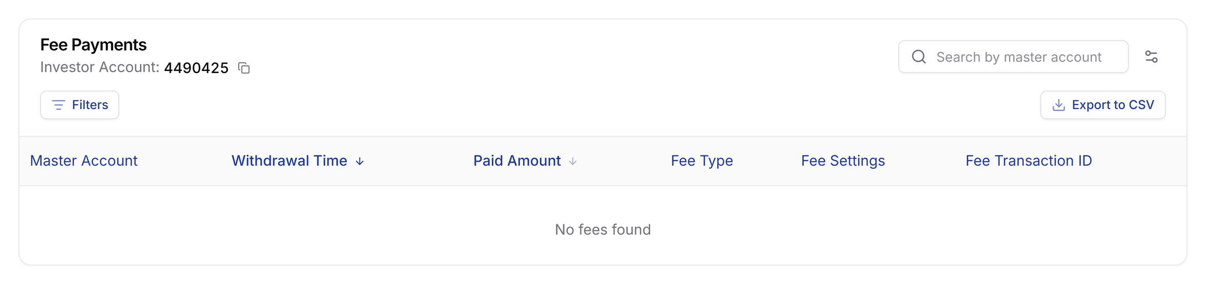 Fee Payments card with no rows and the message No fees found