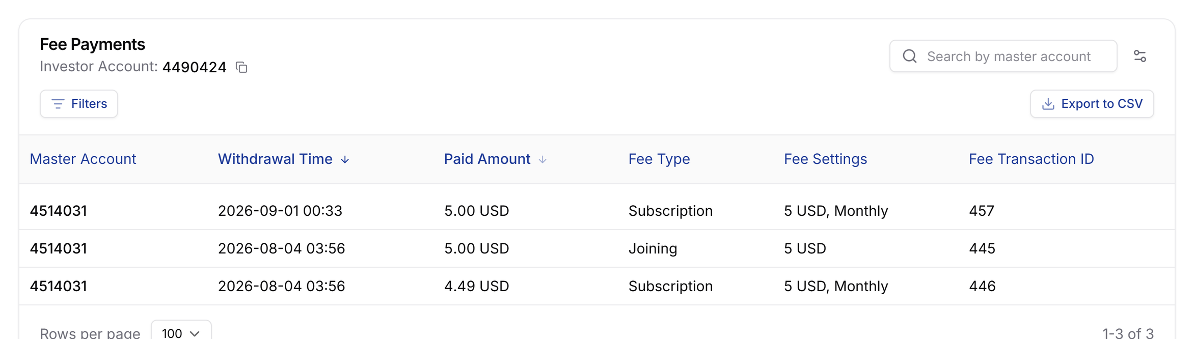Fee Payments card on an investment account with paid fees and Export to CSV