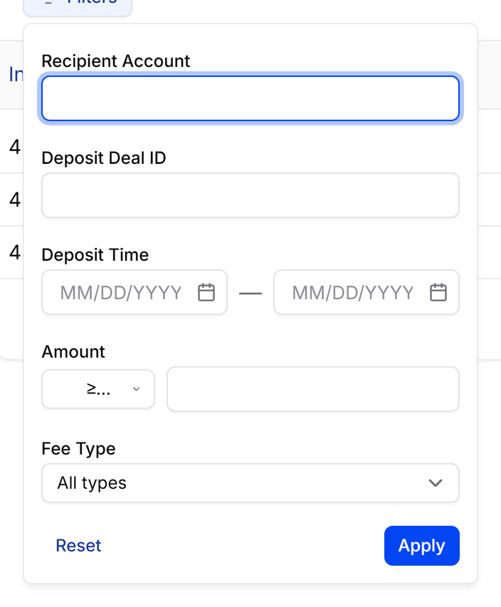Filters panel with recipient account, deposit deal, deposit time, amount, and fee type