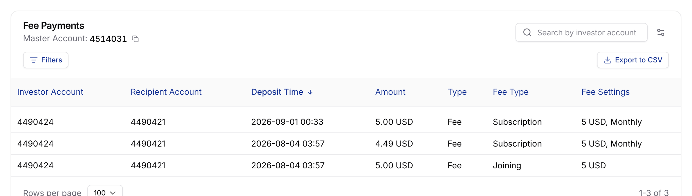 Fee Payments card on a master account with follower payments, Filters, and Export to CSV