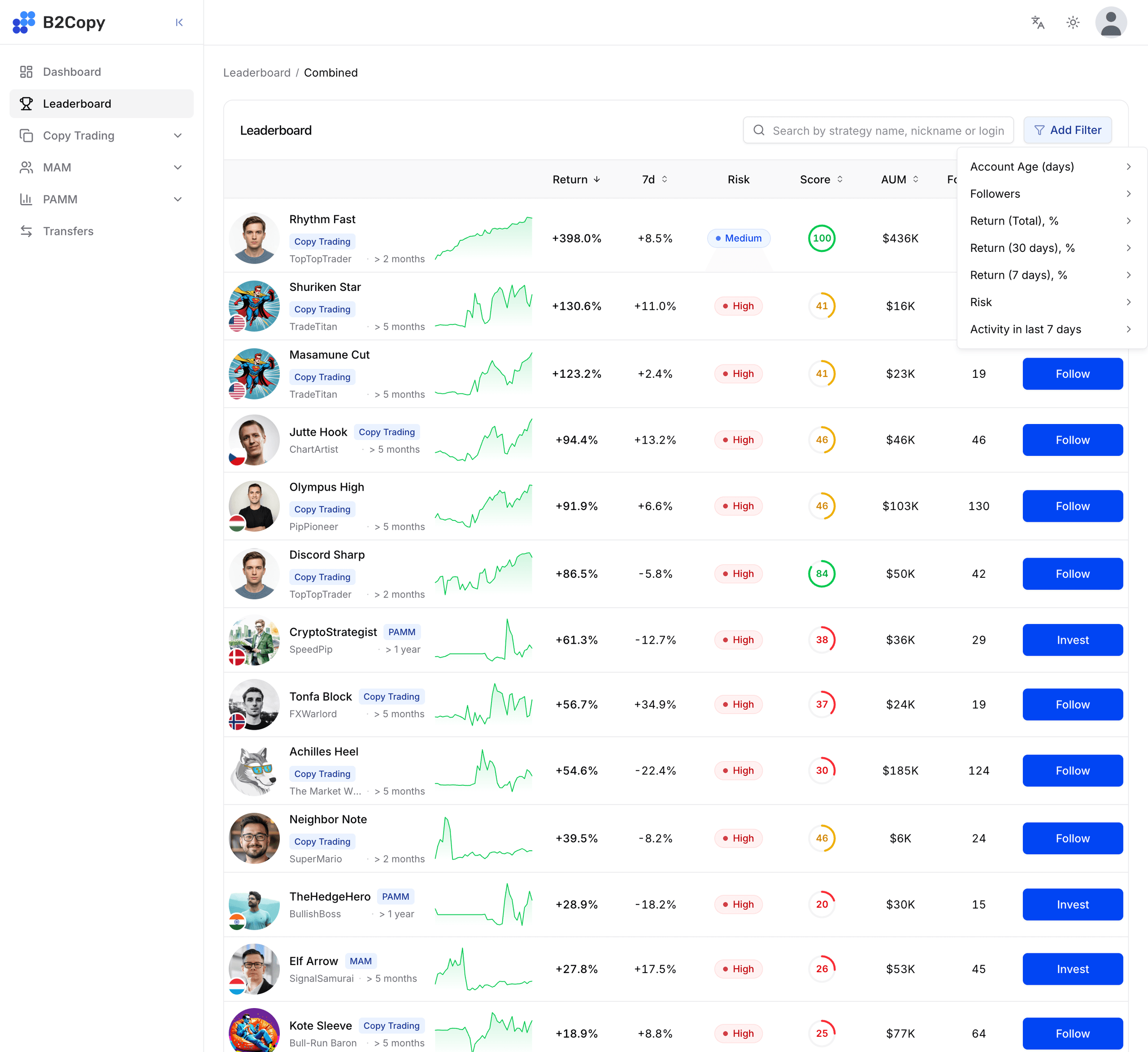 Account Age, Followers, Return, Risk ve Activity seçeneklerini listeleyen Add Filter menüsü