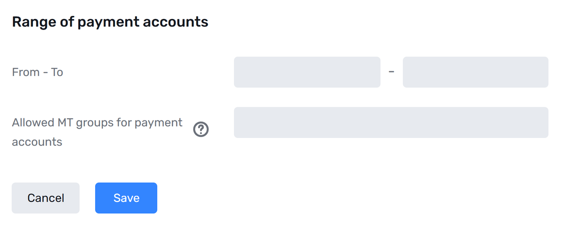 Access Settings card with payment account login range and allowed MetaTrader groups