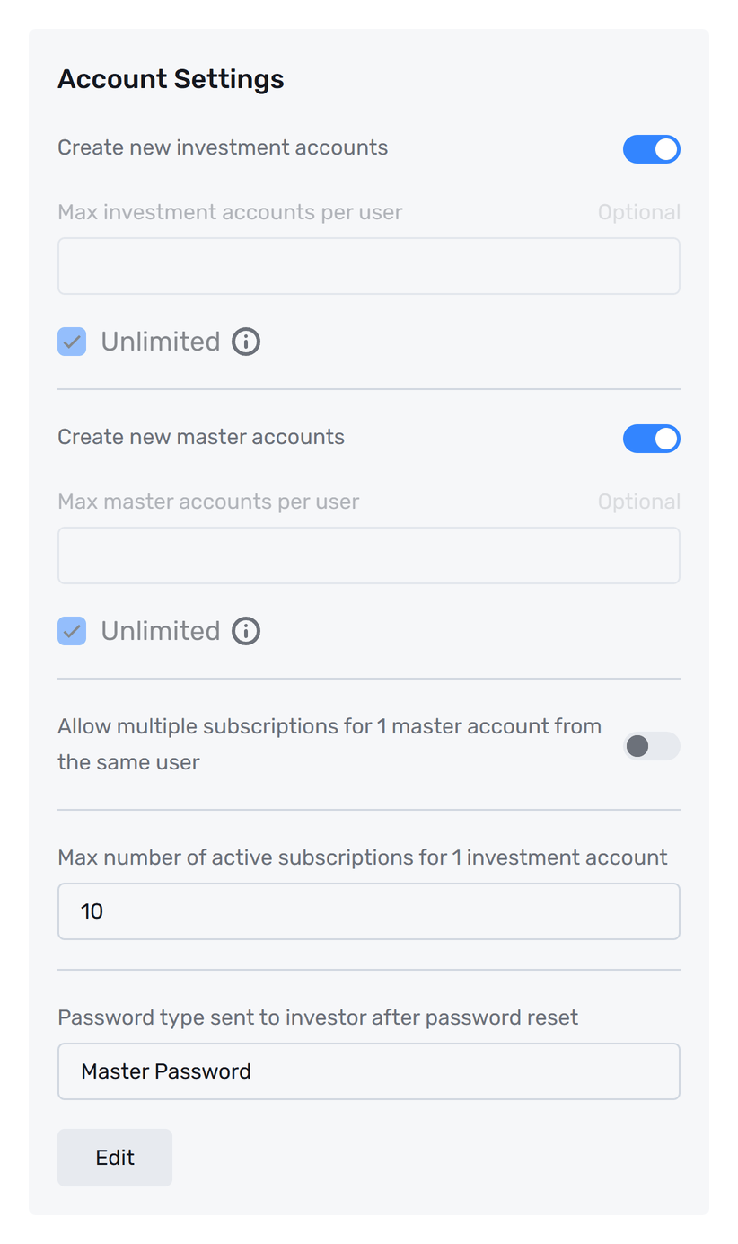 Account Settings card with create-account switches, unlimited checkboxes, subscription limit, and password type