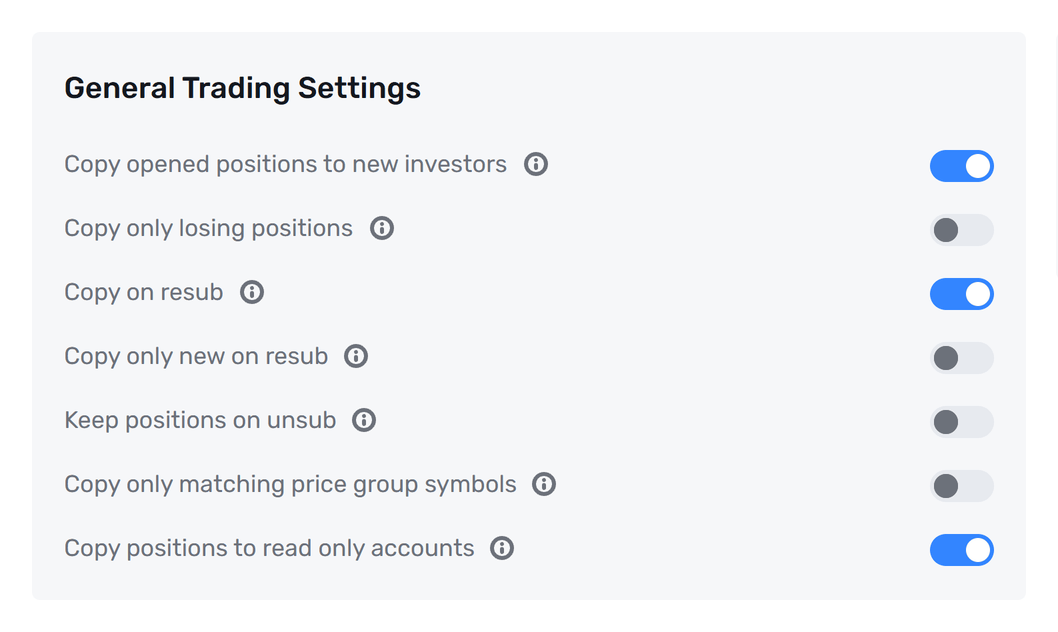 General Trading Settings card with copying switches for new investors, resubscription, and unsubscription