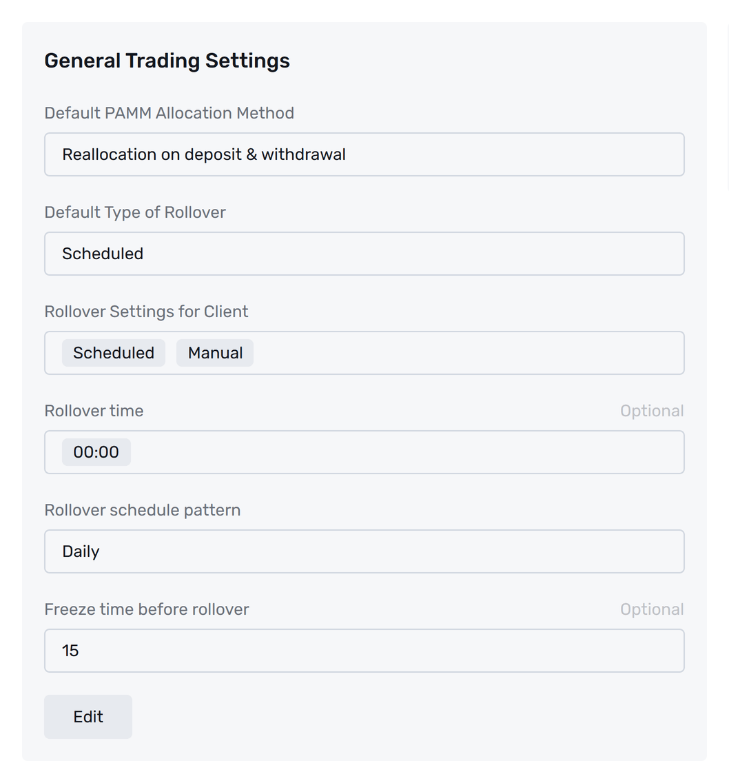 PAMM General Trading Settings with allocation method, rollover type, schedule, rollover time, and freeze time