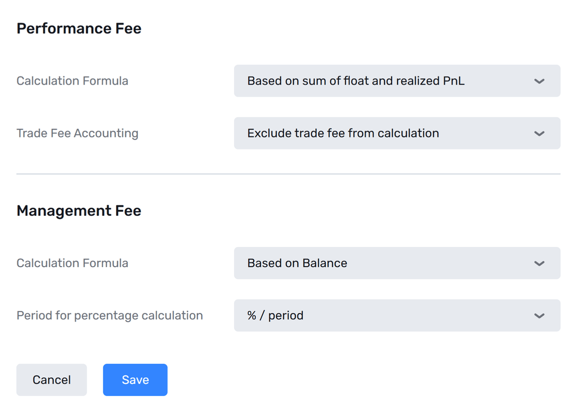 Settings Fees page with Performance Fee formula, trade fee accounting, and Management Fee formula
