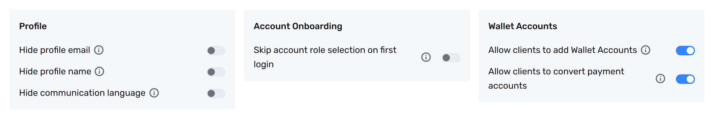 Platform Web UI Settings with Profile, Account Onboarding, and Wallet Accounts cards