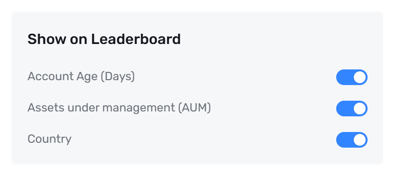Show on Leaderboard card with switches for account age, assets under management, and country