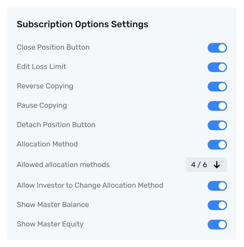Subscription Options Settings card with pause, close, allocation, and master balance switches