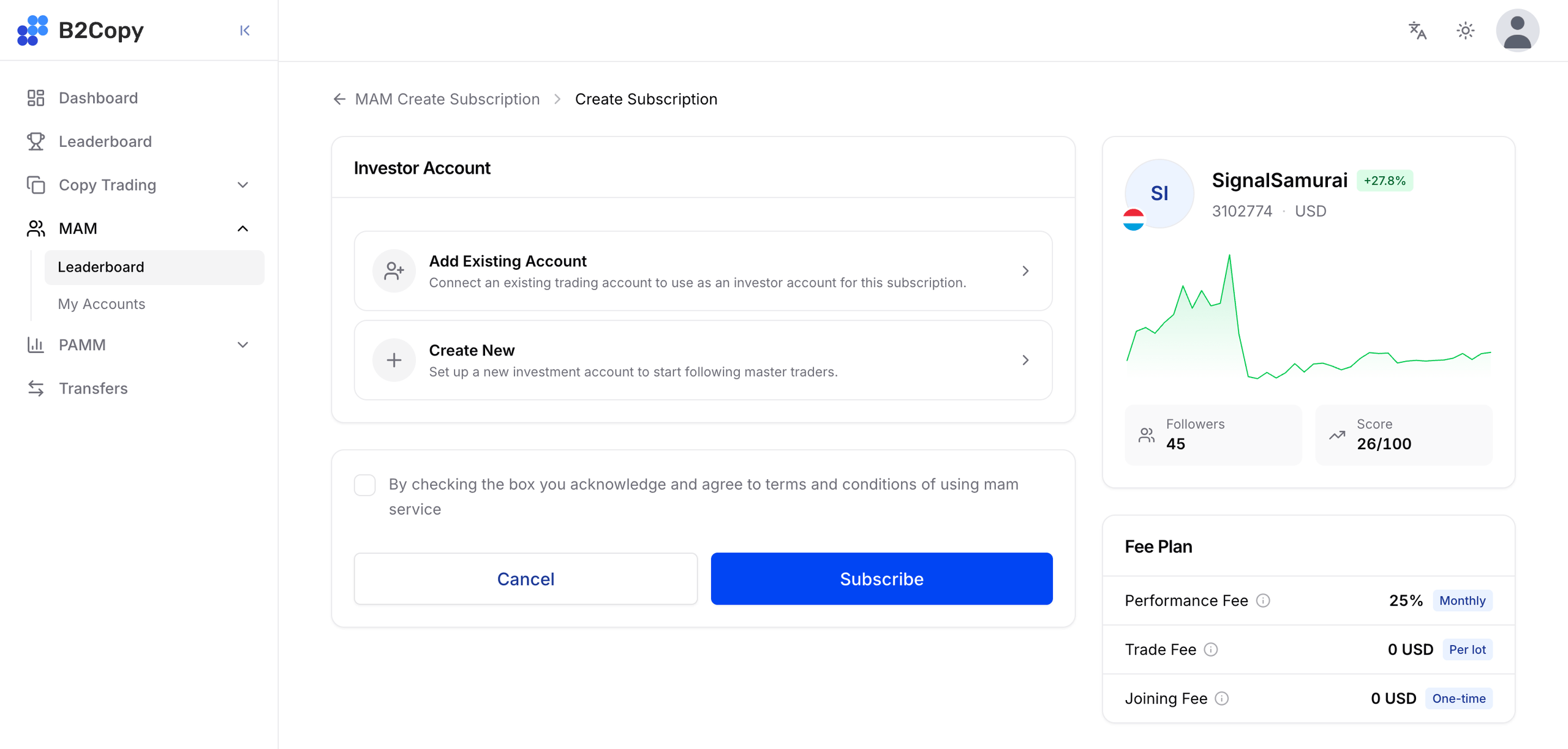 खाता विकल्पों और MAM फ़ी प्लान के साथ MAM Create Subscription स्क्रीन