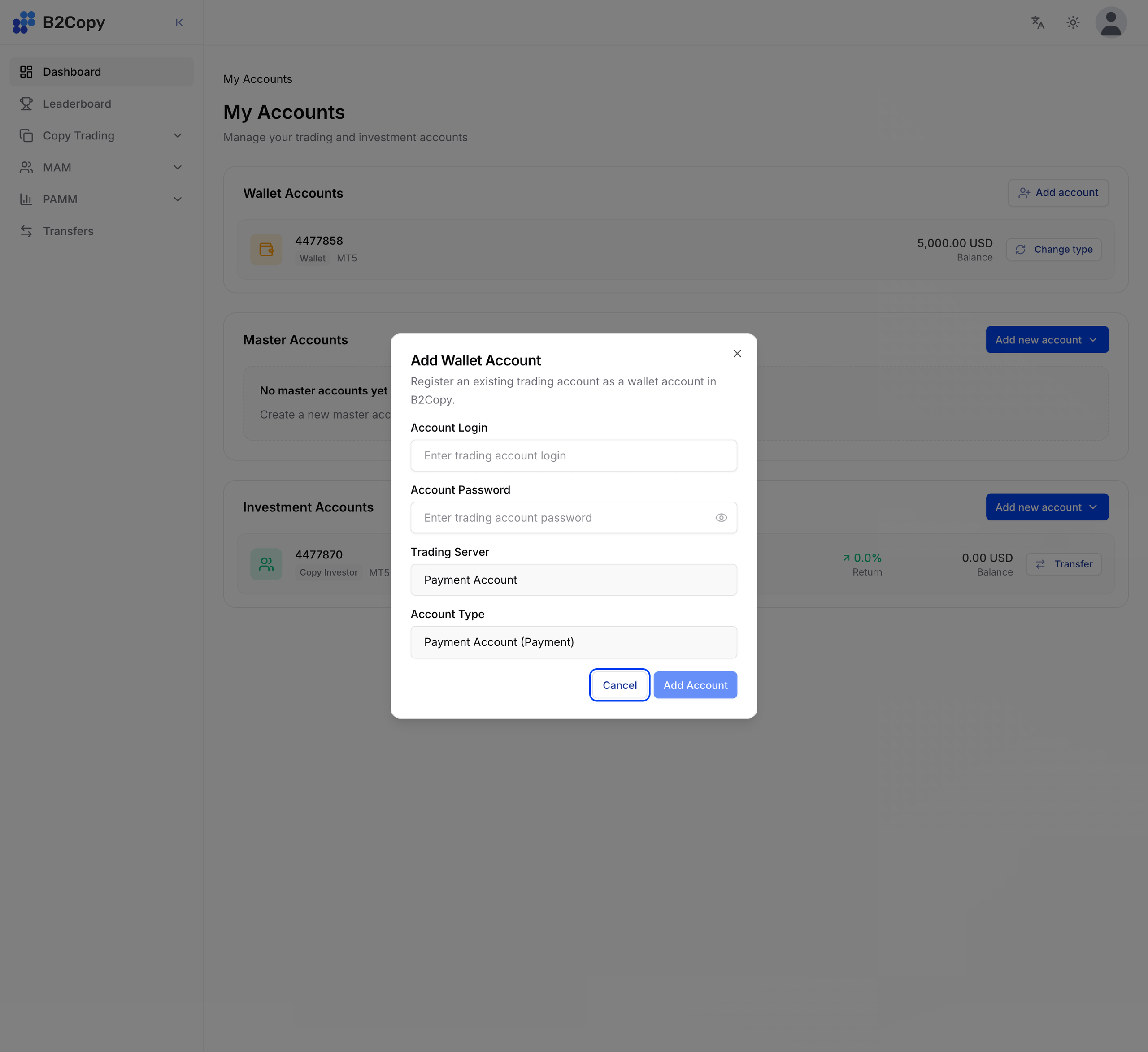Add Wallet Account डायलॉग जिसमें account login, password, trading server और account type फ़ील्ड हैं