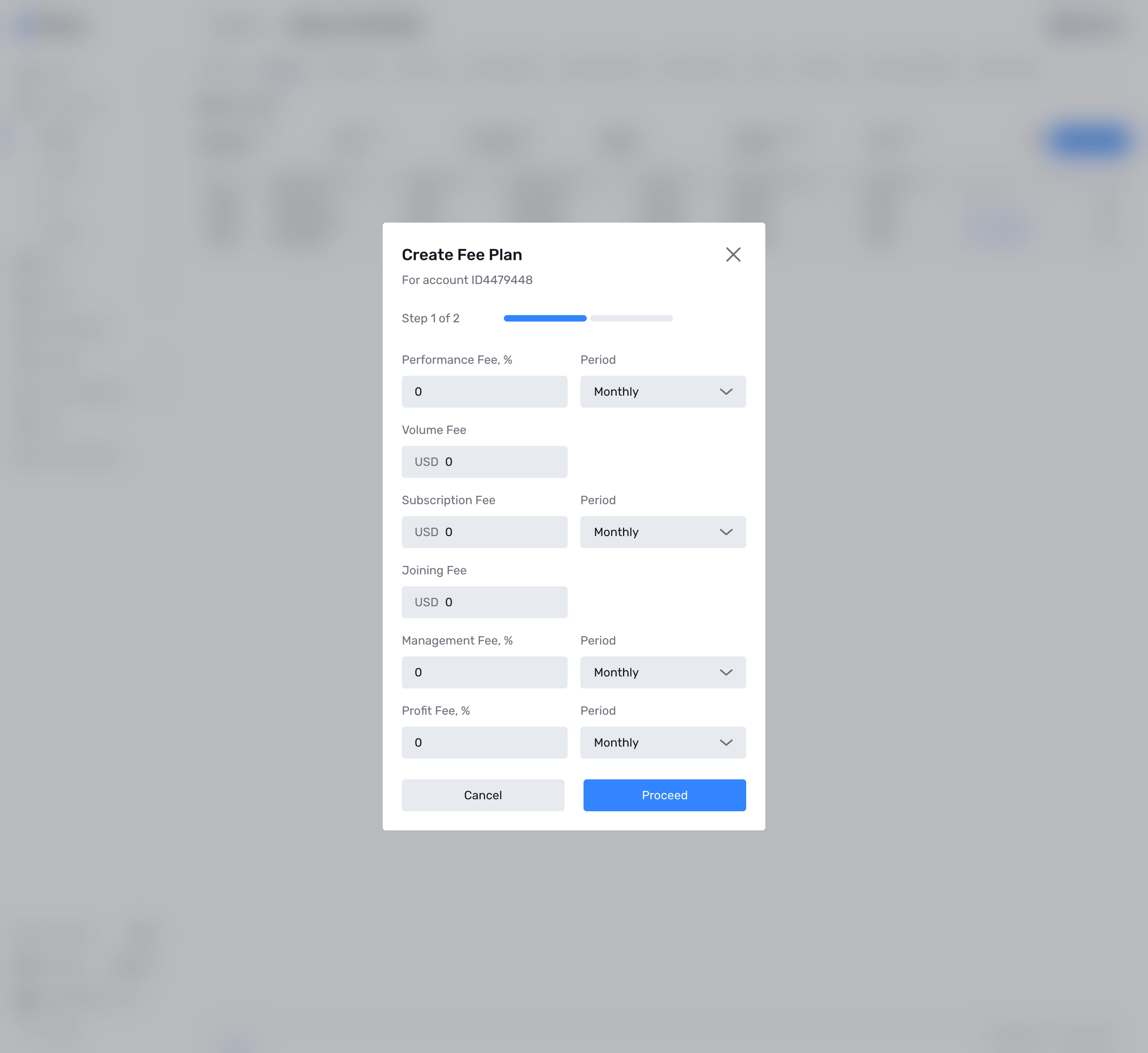Create Fee Plan डायलॉग जिसमें प्रत्येक शुल्क के लिए दरें और अवधि हैं