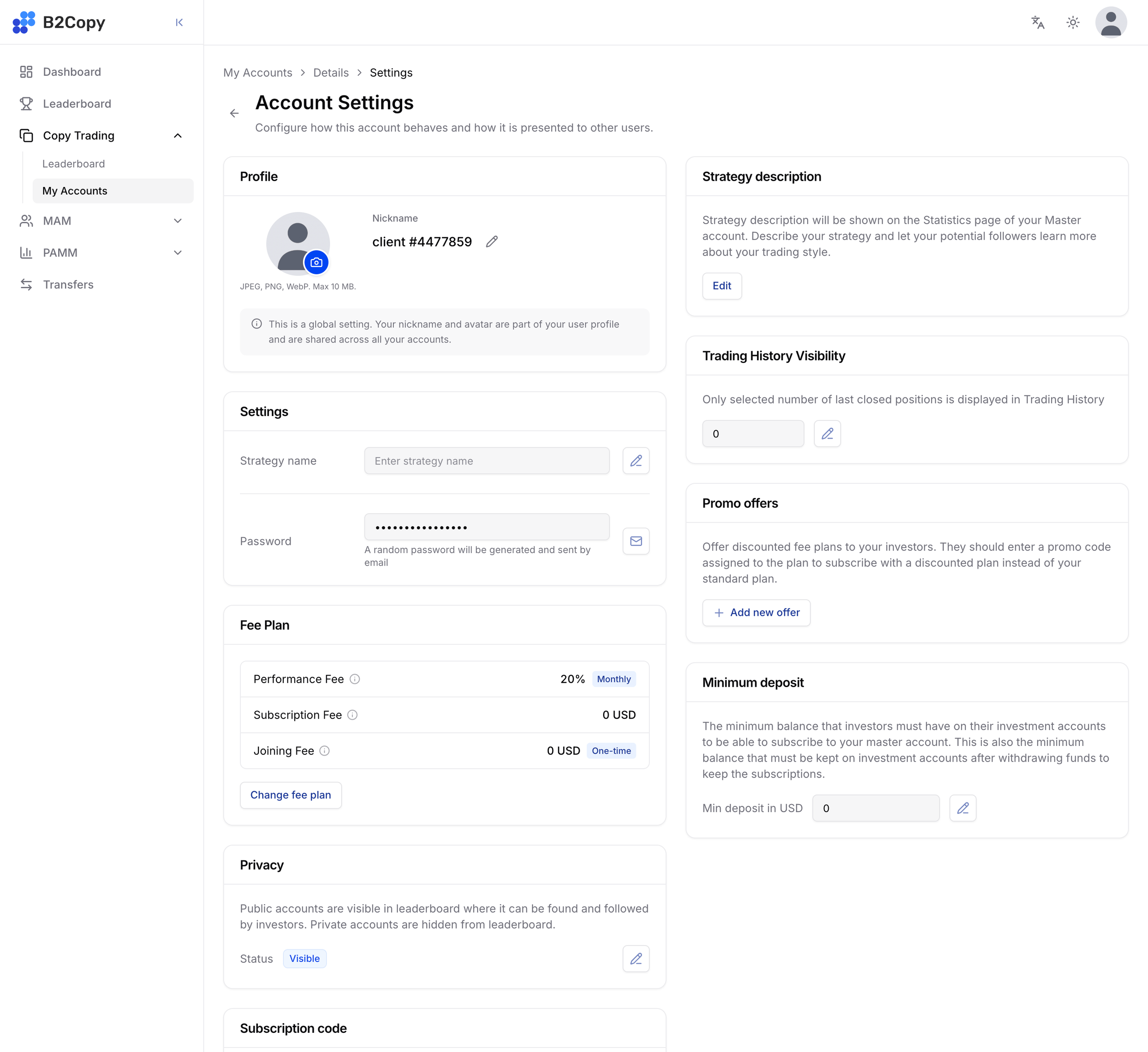 Account Settings जिसमें Strategy name फ़ील्ड है