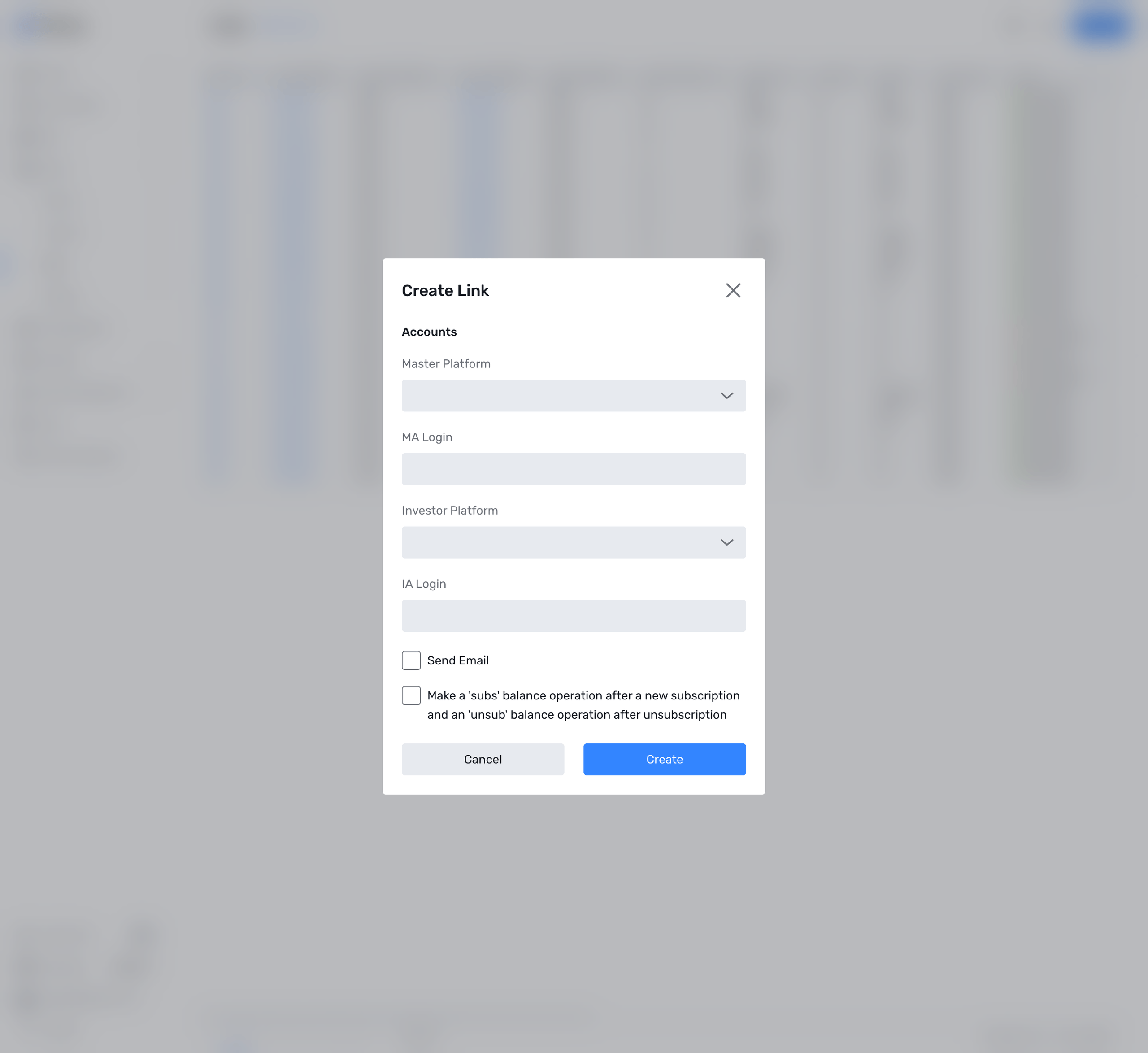 MA Login, IA Login, और ईमेल विकल्पों के साथ Create Link पॉपअप