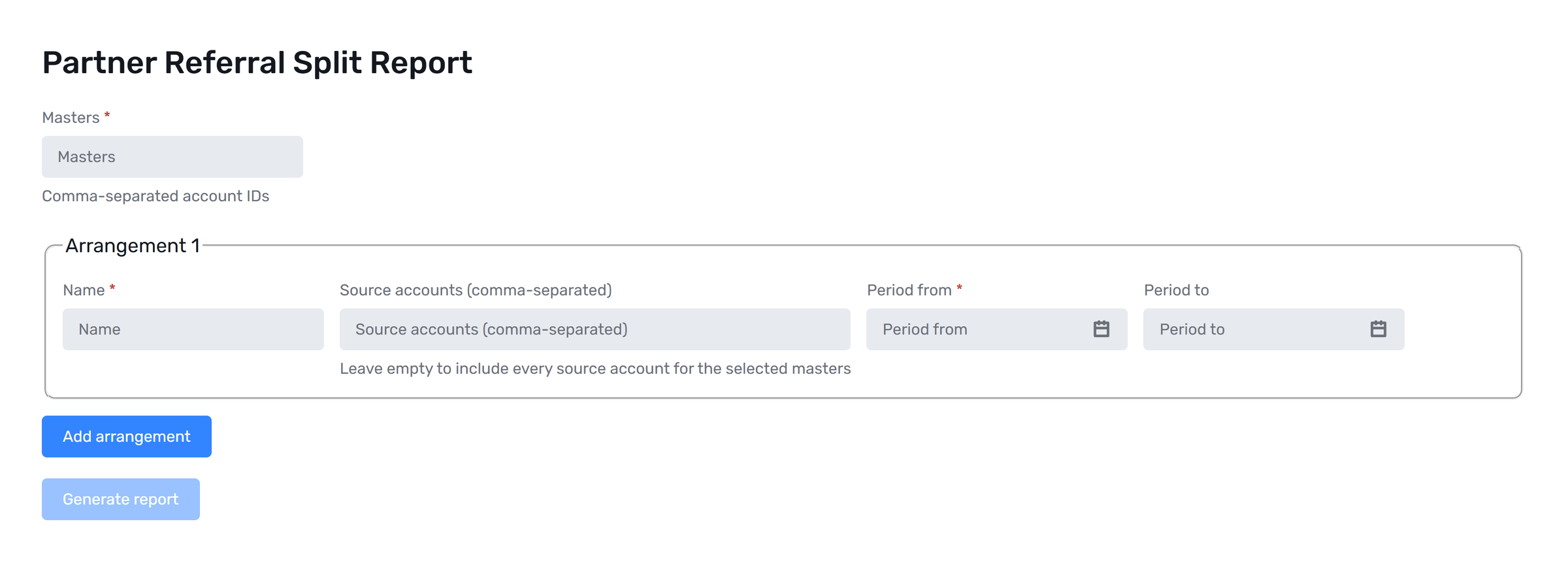 Empty Partner Referral Split Report form with Masters and Arrangement 1