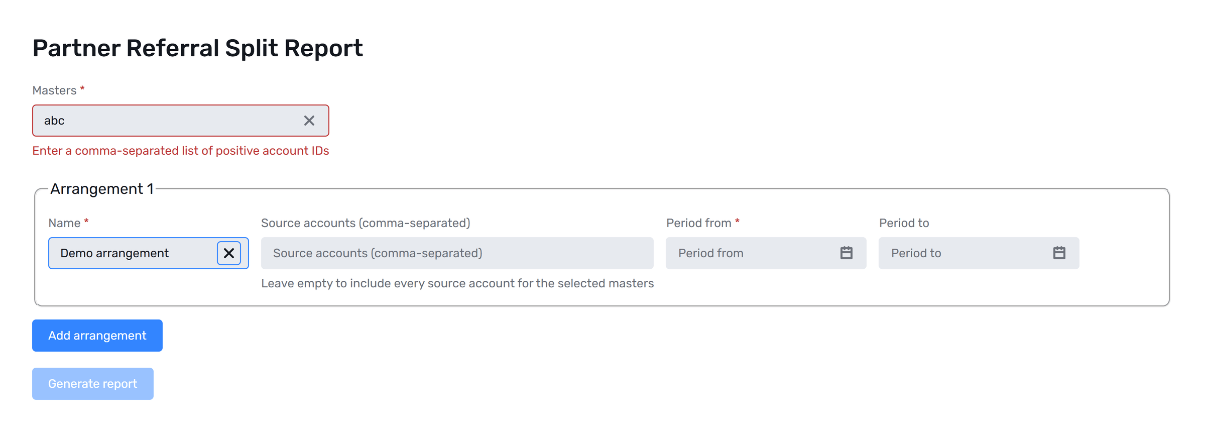 Masters field showing the error Enter a comma-separated list of positive account IDs