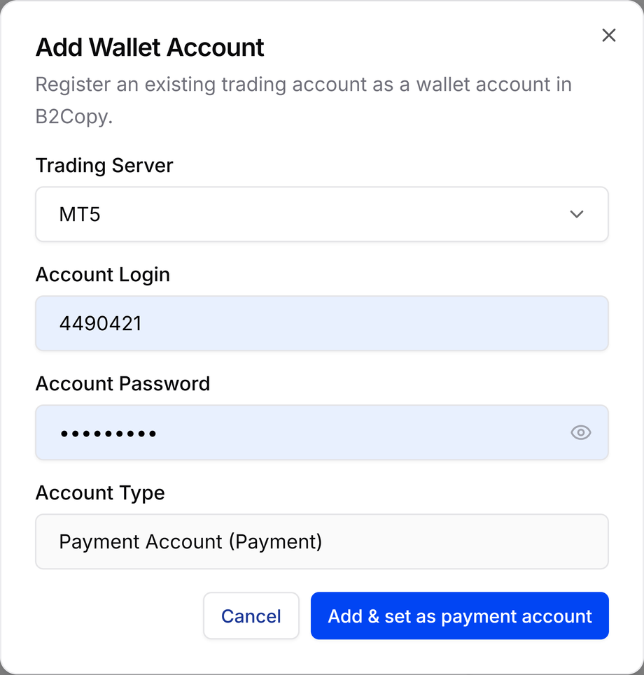 Add Wallet Account dialog with the Add and set as payment account action