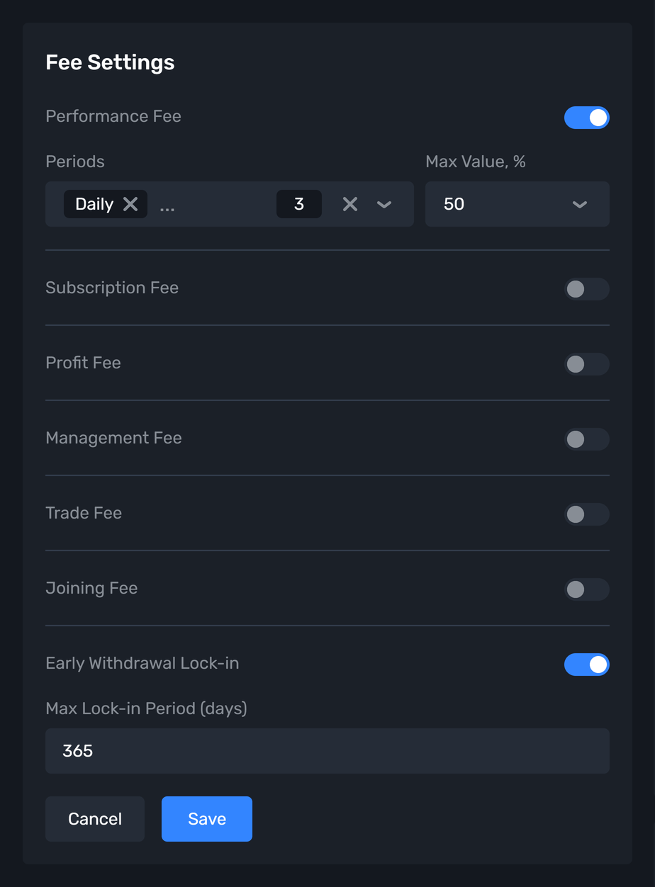 PAMM Fee Settings card with Early Withdrawal Lock-in enabled and a 365-day maximum period