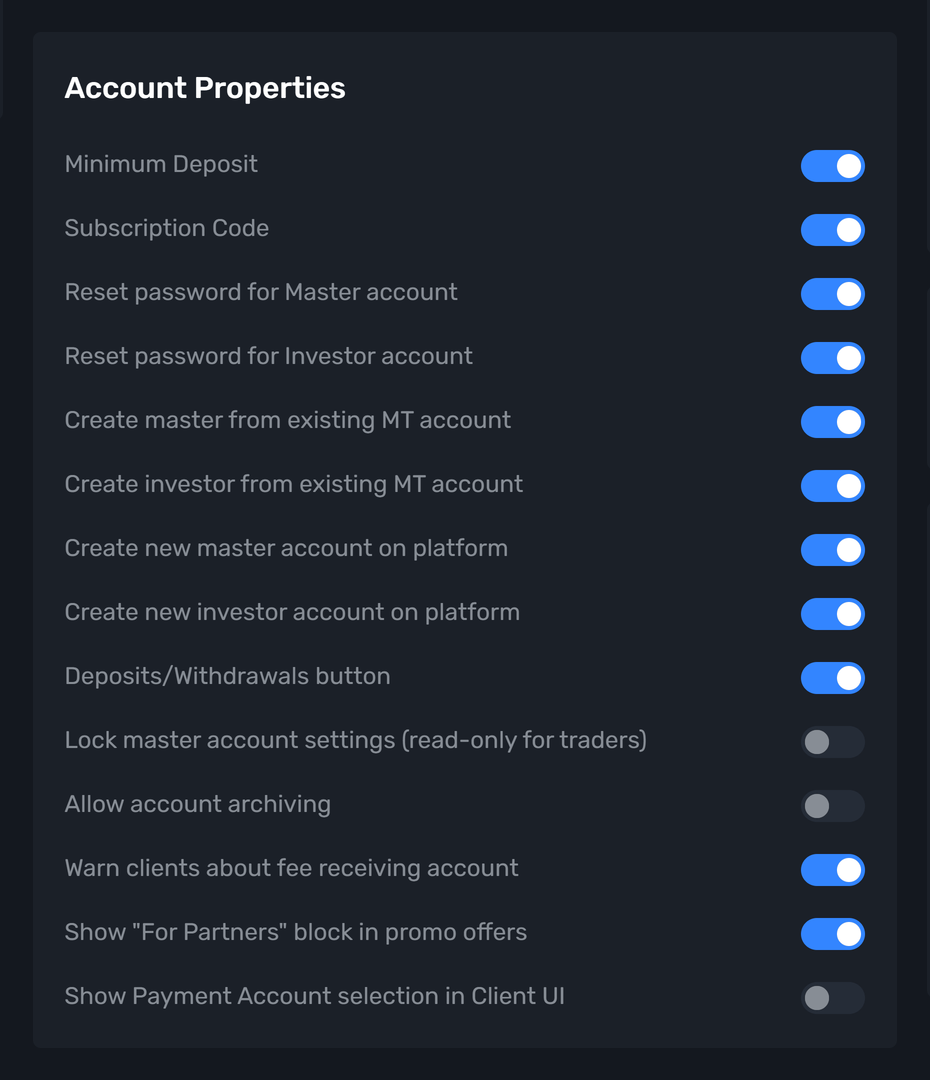 Account Properties card in the Admin panel with the fee receiving account warning enabled