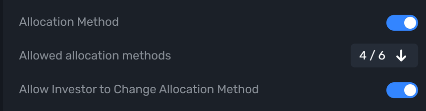 Allocation Method enabled with four of six methods allowed and investor changes enabled
