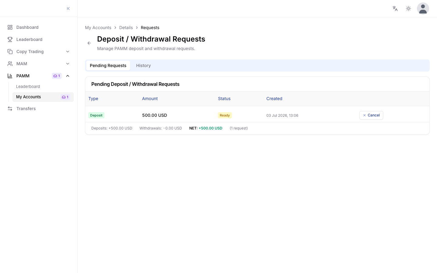 Deposit / Withdrawal Requests पेज जिसमें लंबित जमा और Cancel बटन है