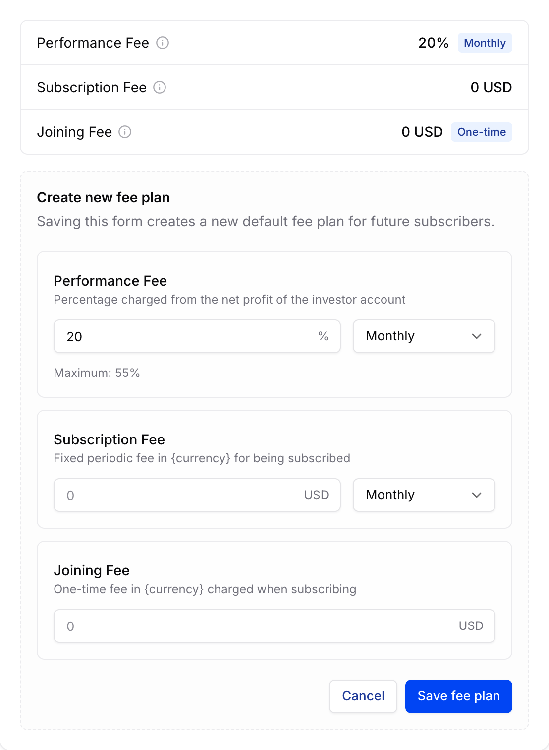 Create new fee plan फ़ॉर्म जिसमें performance, subscription और joining fees हैं