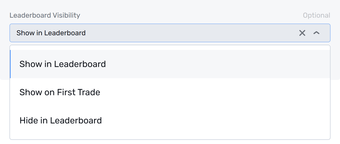 Leaderboard Visibility on a Copy Master product, with Show in Leaderboard, Show on First Trade, and Hide in Leaderboard