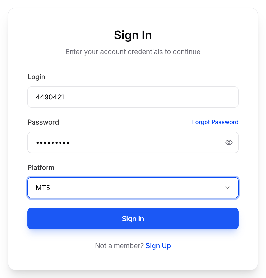 B2COPY Sign In card with Login, Password, Platform, Sign In, Forgot Password, and Sign Up