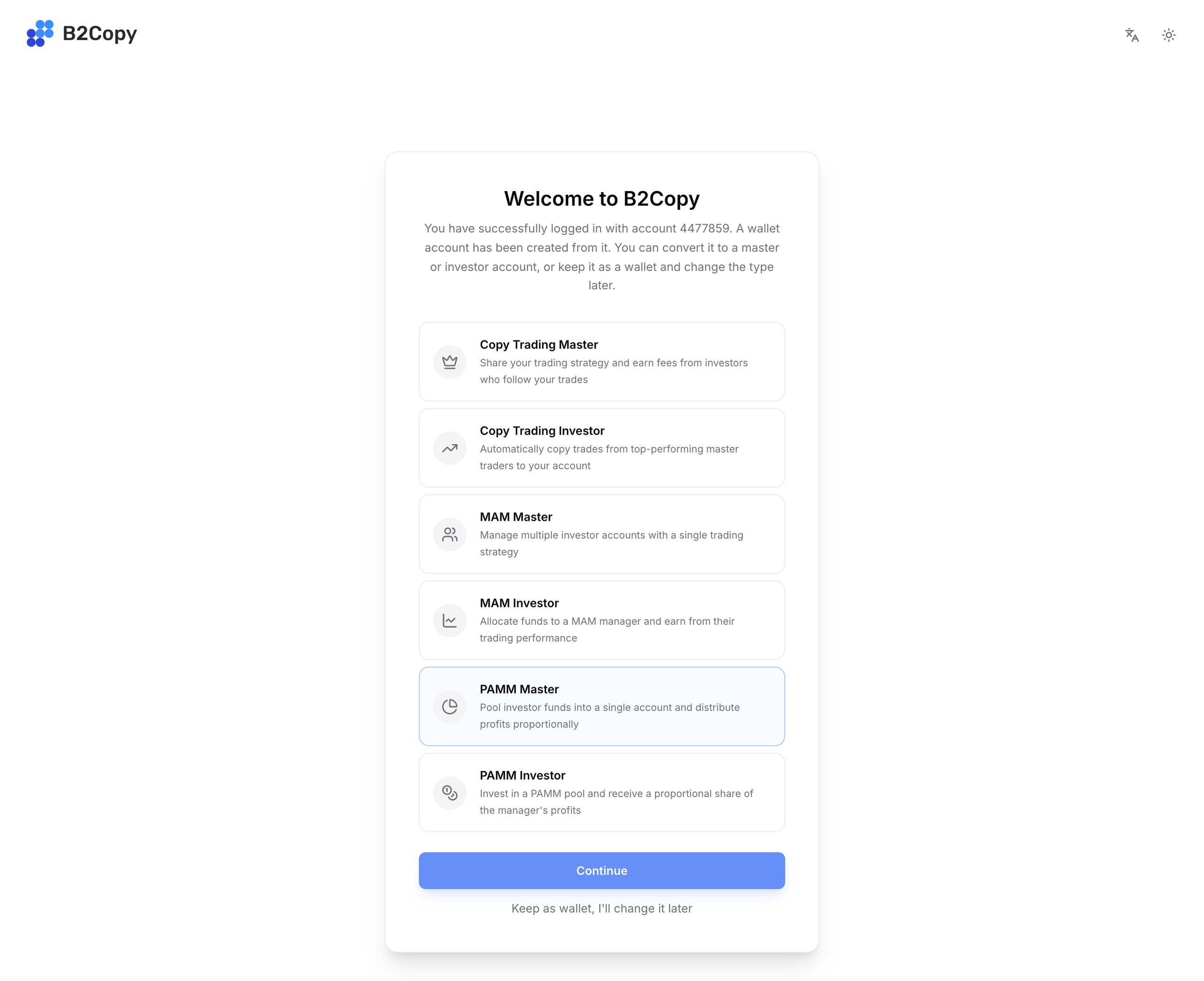Welcome to B2COPY स्क्रीन जिसमें छह खाता भूमिकाएँ और « Keep as wallet » विकल्प सूचीबद्ध हैं