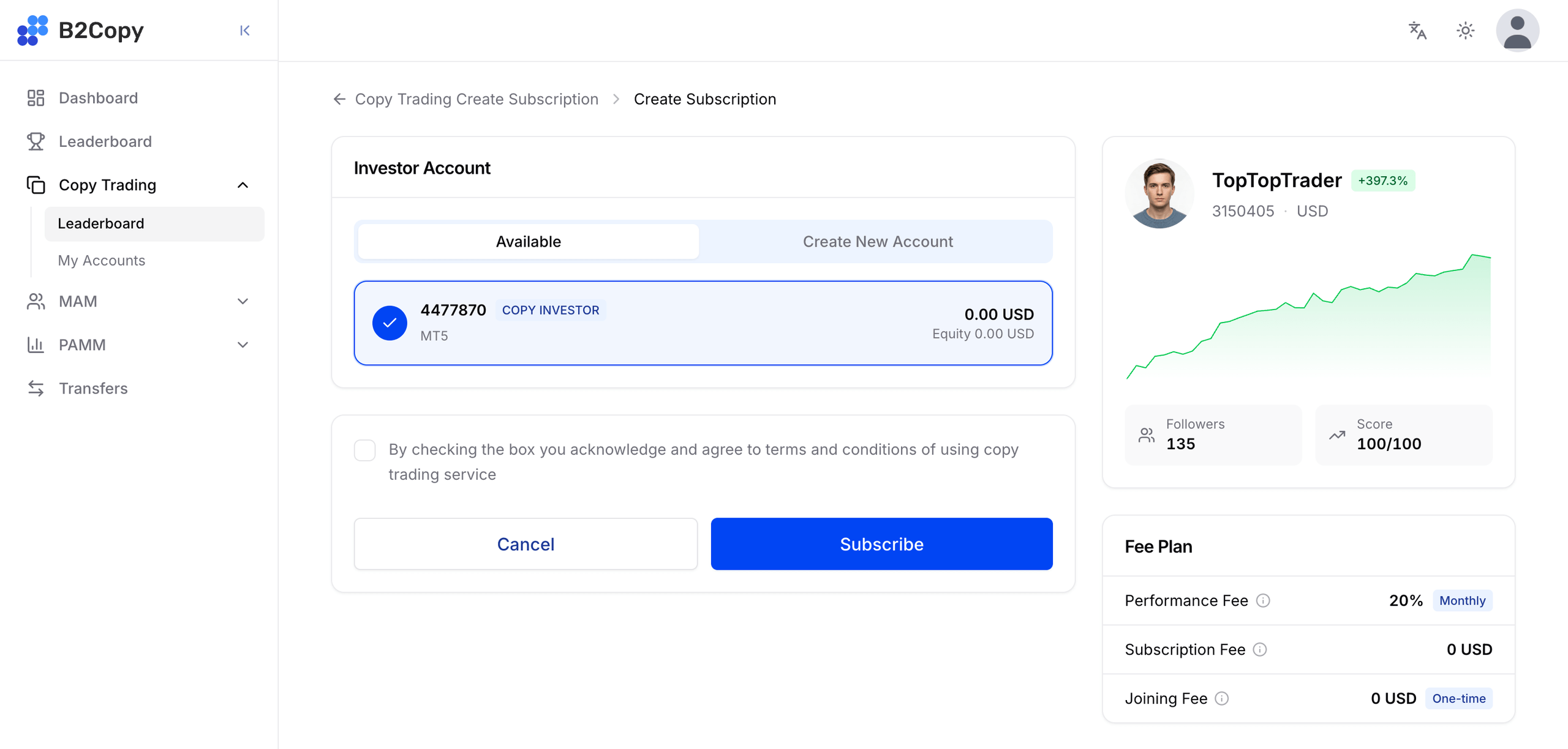 Create Subscription स्क्रीन जिसमें investor खाता विकल्प, शर्तें चेकबॉक्स और फ़ी प्लान पैनल हैं